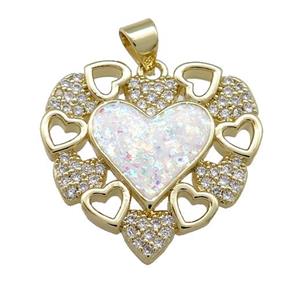 Copper Heart Pendant Pave White Fire Opal Zircon 18K Gold Plated, approx 23mm