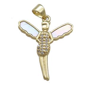 Copper Fairy Charms Pendant Pave Shell Zircon 18K Gold Plated, approx 20-22mm