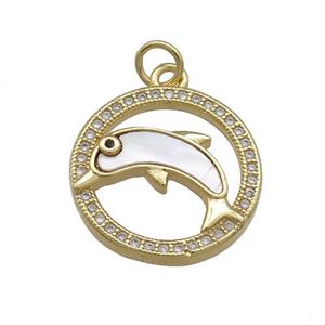 Copper Dolphin Charms Pendant Pave Shell Zircon 18K Gold Plated, approx 18mm