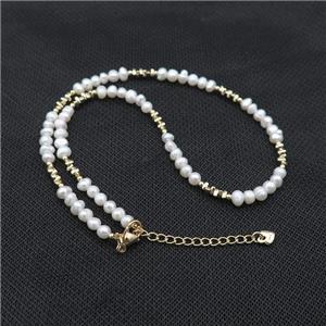 White Pearl Necklace Copper Gold Plated, approx 4-5mm, 40-45cm length