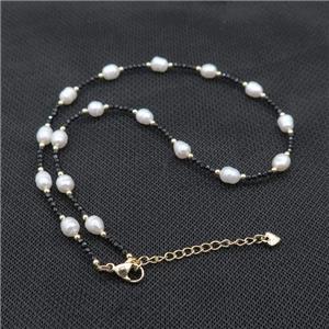White Pearl Necklace With Black Spinel, approx 2mm, 5-6mm, 40-45cm length