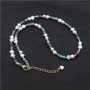 White Pearl Necklace With Turquoise, approx 4-5mm, 40-45cm length