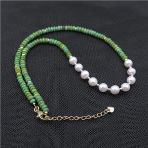 White Pearl Necklace With Green Magnesite Turquoise, approx 5mm, 6-7mm, 40-45cm length