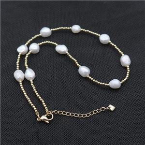 White Pearl Necklace With Copper Pony Beads Gold Plated, approx 2.5mm, 8-9mm, 40-45cm length
