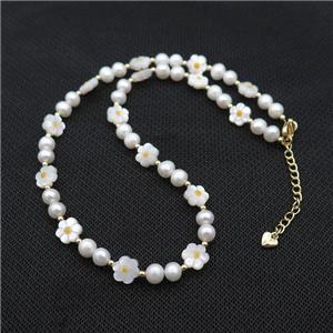 White Pearl Necklace With MOP Shell Flower, approx 6mm, 8mm, 40-45cm length
