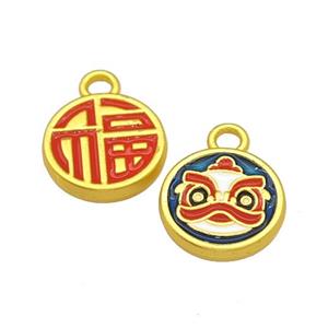 Alloy Circle Pendant Dancing Lion Fu Lucky Painted Matte Gold Plated, approx 11mm