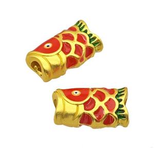 Alloy Fish Charms Beads Large Hole Red Painted Matte Gold Plated, approx 9-15mm, 4mm hole