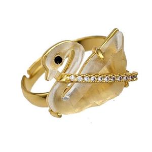 Copper Swan Rings Pave Acrylic Zirconia Adjustable Gold Plated, approx 12-16mm