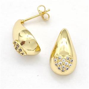 Copper Teardrop Stud Earrings Pave Zirconia Hollow Gold Plated, approx 11-18mm
