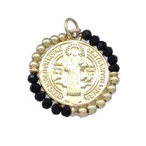 Jesus Charms Copper Circle Pendant With Black Crystal Glass Wrapped Gold Plated, approx 24mm