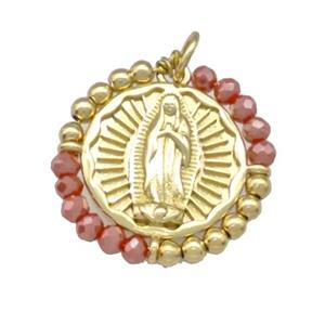 Virgin Mary Charms Copper Circle Pendant With Red Crystal Glass Wrapped Gold Plated, approx 24mm