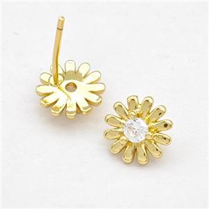 Copper Daisy Stud Earring Pave Zirconia Flower Gold Plated, approx 9mm