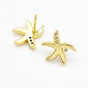 Copper Starfish Stud Earrings Pave Zirconia Gold Plated, approx 10-12mm