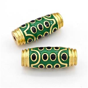 Tibetan Style Copper Barrel Beads Eye Green Enamel Gold Plated, approx 11-30mm