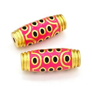 Tibetan Style Copper Barrel Beads Eye Pink Enamel Gold Plated, approx 11-30mm