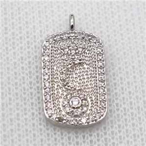 copper pendant pave zircon, rectangle, platinum plated, approx 12-19mm