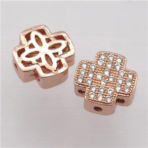 copper cross beads paved zircon, rose gold, approx 10x10mm