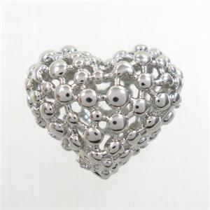 copper heart beads, hollow, platinum plated, approx 13-16mm