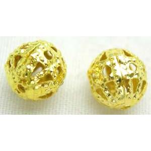 Round Filagree Bead, Gold Plated, iron, hollow, 10mm diameter