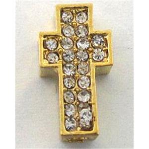 alloy cross beads pave rhinestone, gold plated, 8x15mm