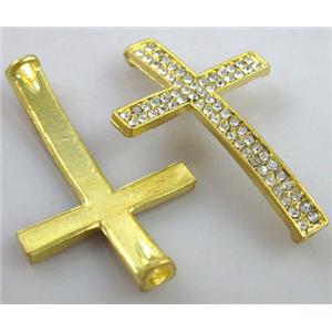 Bracelet bar, cross, alloy connector with rhinestone, duck-gold, 23x38mm