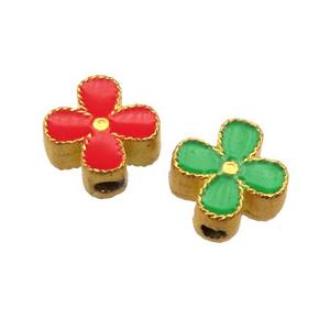 enamel alloy beads, clover, gold plated, approx 10mm