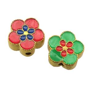 enamel alloy beads, flower, gold plated, approx 13mm