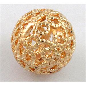 Hollow Alloy bead, round, light gold, 10mm dia