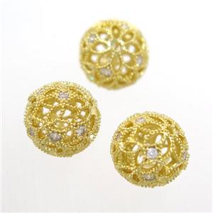 Hollow Alloy bead pave Zircon, round, gold plated, 10mm dia