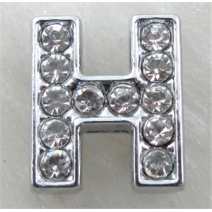 Alphabet beads, H-letter, rhinestone, 10x10mm, hole:8mm wide