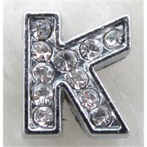 Alphabet beads, K-letter, rhinestone, 10x10mm, hole:8mm wide