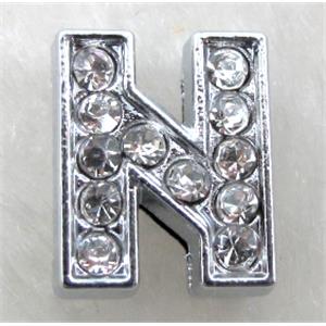 Alphabet beads, N-letter, rhinestone, 10x10mm, hole:8mm wide