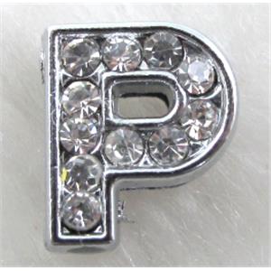 Alphabet beads, P-letter, rhinestone, 10x10mm, hole:8mm wide