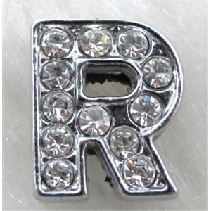 Alphabet beads, R-letter, rhinestone, 10x10mm, hole:8mm wide