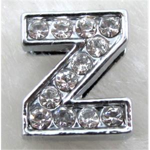 Alphabet beads, Z-letter, rhinestone, 10x10mm, hole:8mm wide