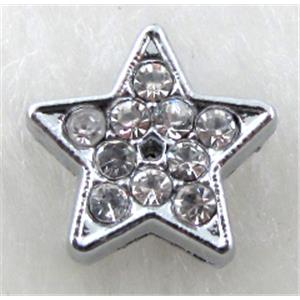 Star, Platinum plated alloy bead, rhinestone, approx 10x10mm, hole:8mm wide