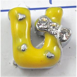 Enamel alphabet beads, U-letter, rhinestone, 10x10mm