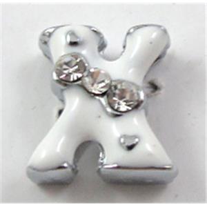 Enamel alphabet beads, X-letter, rhinestone, 10x10mm