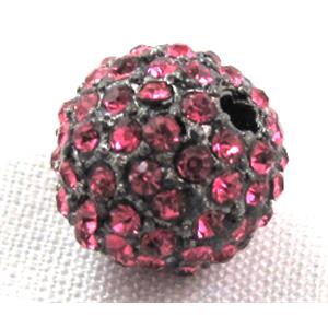 round beads, paved pink rhinestone, alloy, black, 10mm dia, 2.6mm hole