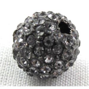 round alloy beads, paved grey crystal rhinestone, black, 10mm dia, 2.6mm hole