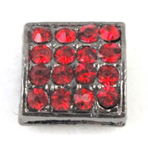 bracelet spacer, alloy bead with red rhinestone, black, 12x12x6mm, 2mm hole