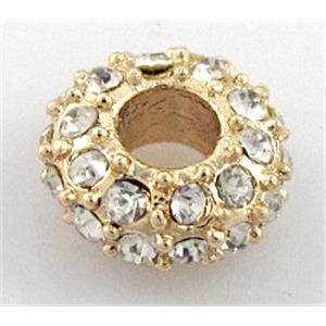 alloy bead with rhinestone, rondelle, gold, 4.5x9mm, 3mm hole