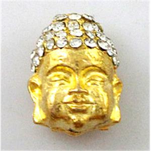 bracelet-spacer, Buddha charm, alloy bead with rhinestone, gold plated, 14x18mm