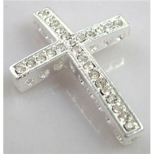 bracelet spacer, alloy cross with rhinestone, silver plated, 25x35mm