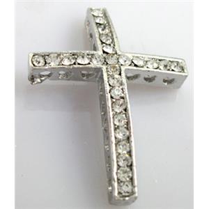 bracelet spacer, alloy cross with rhinestone, platinum plated, 25x35mm