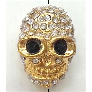 Skull charm, bracelet spacer, alloy bead with rhinestone, gold, 12x16mm, 1.8mm hole