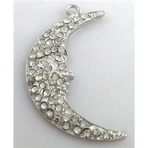 alloy pendant with rhinestone, moon, platinum plated, 22x40mm