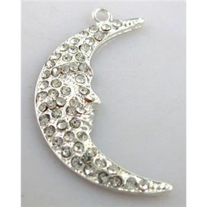 alloy pendant with rhinestone, moon, silver plated, 22x40mm