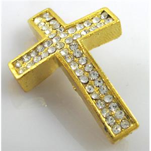 bracelet spacer, alloy cross with rhinestone, golden, 26x40mm, 3mm hole