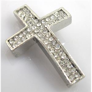 bracelet spacer, alloy cross with rhinestone, platinum plated, 26x40mm, 3mm hole